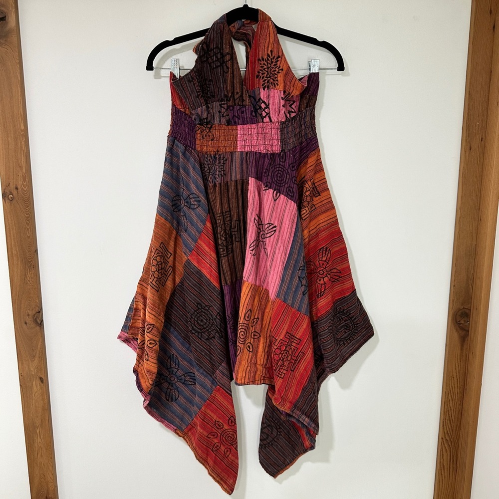 KIRAT Patchwork Halter Dress Cotton OS Granola  Multicolor Boho Festival Earthy